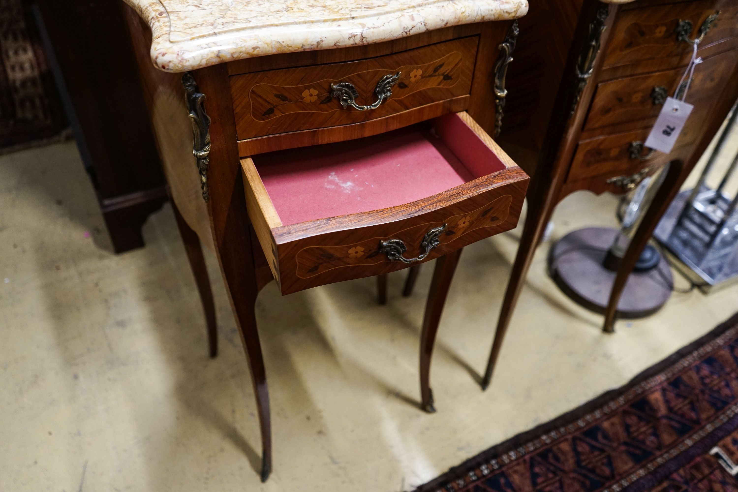 A pair of Louis XV design marquetry inlaid Kingwood marble top bedside chests, width 40cm, depth 30cm, height 73cm